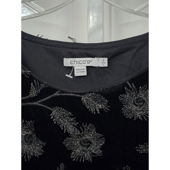 Chico’s Dress 3D Embroidered Floral Bell Sleeve Midi Black Velvet Size 2 Large - Picture 4 of 7